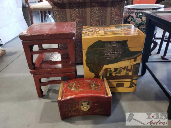 2 Vintage Asian Style Lock Boxes And 2 Vintage Step Stools