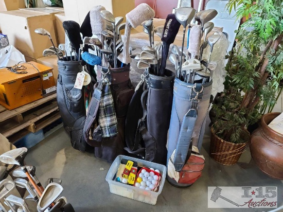 4 Golf Bags, Golf Clubs, And Golf Balls
