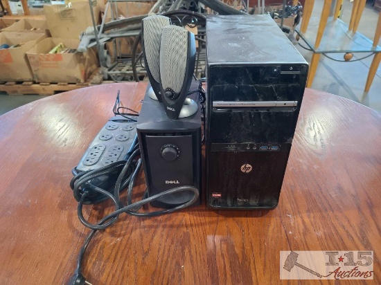Computer Tower. Speakers. Surge Protector