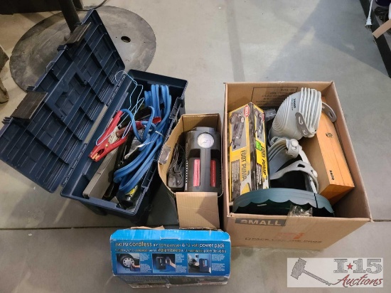 Cordless Air Compressor. Jumper Cables. Tool Box.