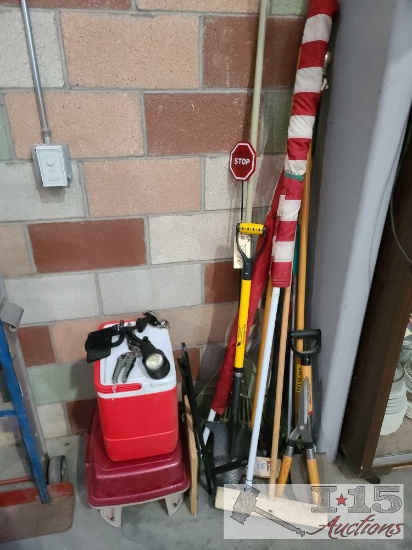 Gardening Tools. Ice Chest. Flags.