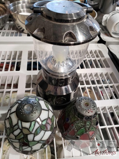 Two stained Glass Lamp shades and One Electric Lantern