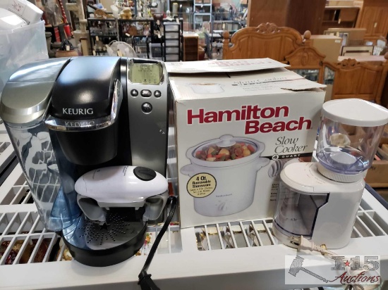 Keurig Coffee Machine, Can Opener, Coffee Mill, and Hamilton 4 Quart Slow Cooker