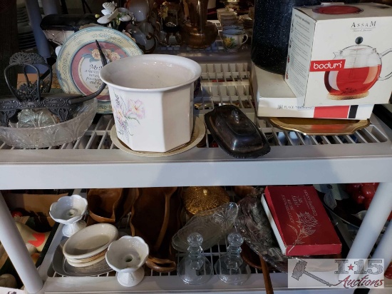 Wood trays, One Silver Plated butter dish, Stock Pot, and more