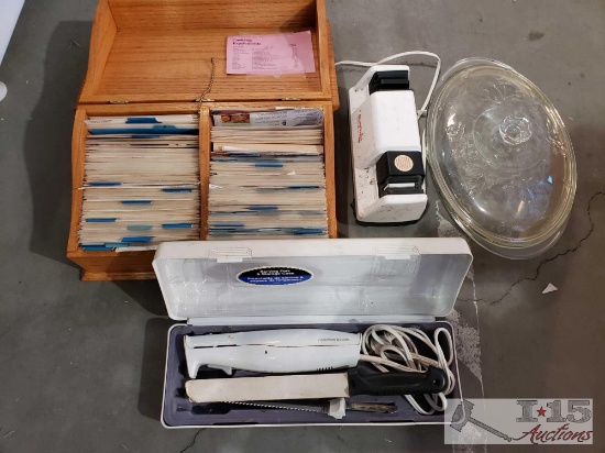 Hamilton Beach Carving set, Knife sharpener, and a wood box of recipes
