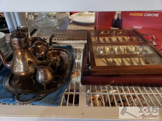 Silver Plated Tea set, Chrome plated tray, antique spoons, and more