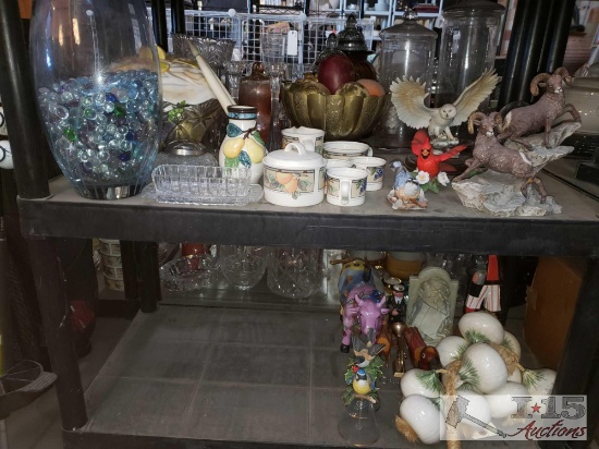 Bird busts, statues, Glassware, and more