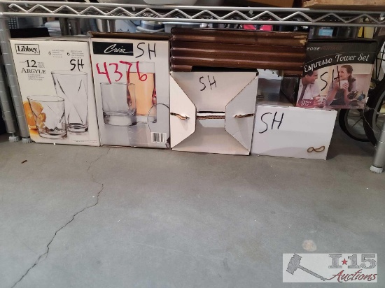 4 Boxes Of Glass Cups, Coffee Cups & A Wooden Utensil Box