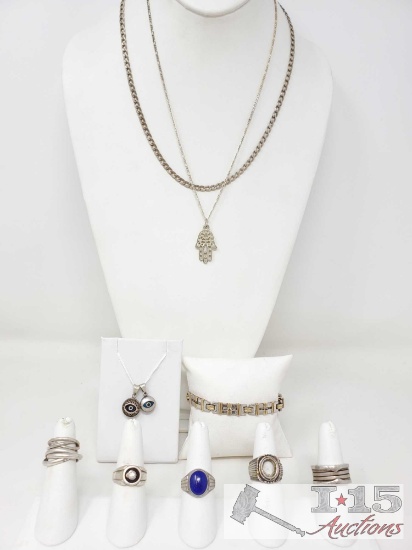 Sterling Silver Rings, Pendants, Necklaces, And Bracelet, 66.9g