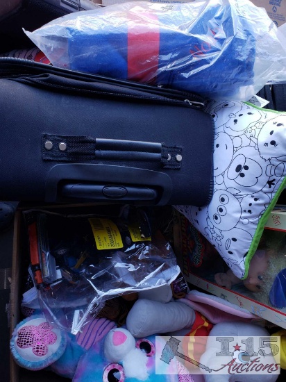 Childrens Toys, Stuffed Animals, Cabbage Patch Kid, Coloring Pillows, Hotwheels, and Suitcase