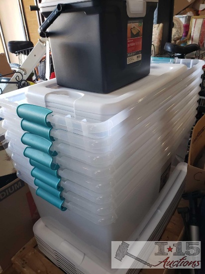 11 Totes With Lids and 1 Plastic File Box
