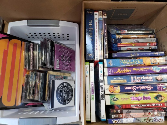 CDs, DVDs, and VHS Tapes with Plastic Basket and Box