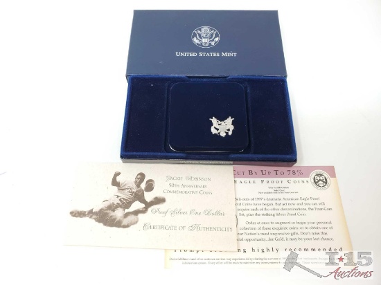 Jackie Robinson 50th Anniversary Commemorative Coin, Proof Silver One Dollar, With COA