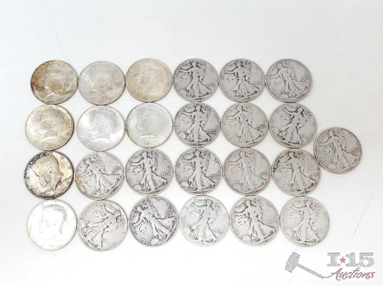 8 Kennedy Half Dollars, 17 Walking Liberty Half Dollars -296g