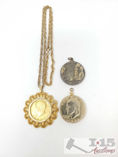 Silver Peace Dollar Pendant, Kennedy Half Dollar Pendant, Eisenhower Pendant