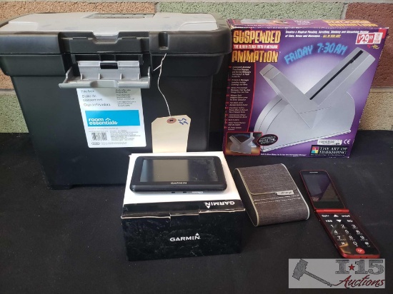 Garmin GPS, Jitterbug Cellphone, MyCharge Battery Pack, Alarm Clock and File Folder