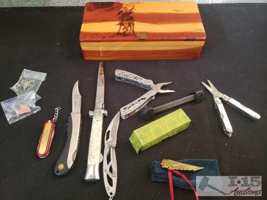 Pocket Knives and Wooden Box with 1899 Indian Head Penny