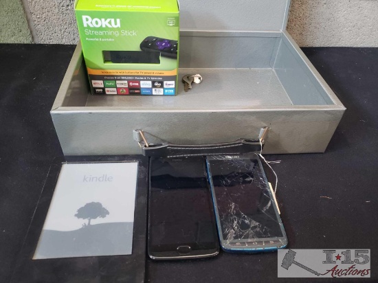 Lock Box with Key, Roku, Samsung Galaxy Phone, Motorola Phone, and Kindle