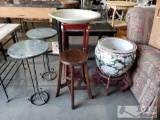 2 Stone Top End Tables, Wooden Stool, And 2 Asian Style Pots And Stands