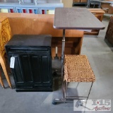 Wooden Cabinet, Wicker Top Metal Chair, And Adjustable Table