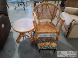Wicker Chair, Wooden End Table, And Foot Stool
