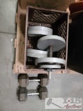 2 30 Pound Dumbbells, 6 10 Pound Plates, 2 2.5 Plates, And 2 Dumbbell Bars