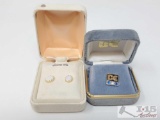 14k Gold Pin With Diamond And 14k Gold Earrings With Opal, 2.6g