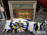 2 Pieces Of Framed Art & Navy Banners
