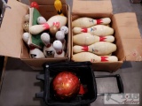 One Bowling Ball and bag and Two Boxes of Bowling pins