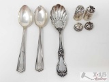 Sterling Silver Spoons And Miniature Salt And Pepper Shakers