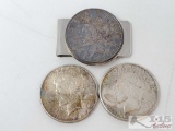 2 Silver Peace Dollars and Silver Peace Dollar Money Clip