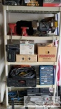 Plastic Shelf With Craftsman Bench Grinder, 2 Craftsman Vises, Central Pneumatic Blaster Kit,