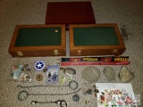 3 Display Cases with Misc Pins, Rocks, Marbles, and Jewelry