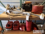 2 Boat Motors, 5 Gas Cans, 1 Jerry Can Holder, and 1 Battery Box