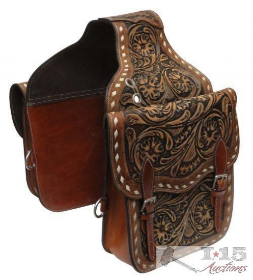 Tooled leather saddle bag.