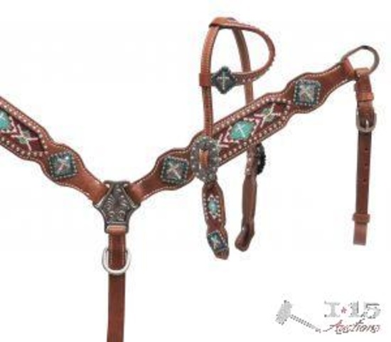 NEW One ear headstall with teal beaded inlay.