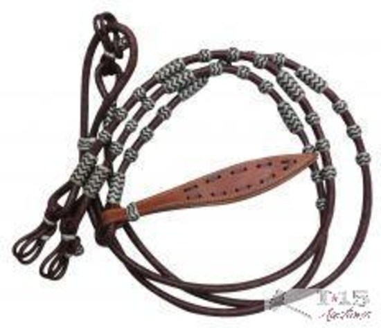 Showman ... Braided purple burgundy rawhide romal reins with leather popper