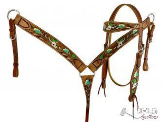 Showman ... Hand painted skull, flower and cactus headstall and breast collar set