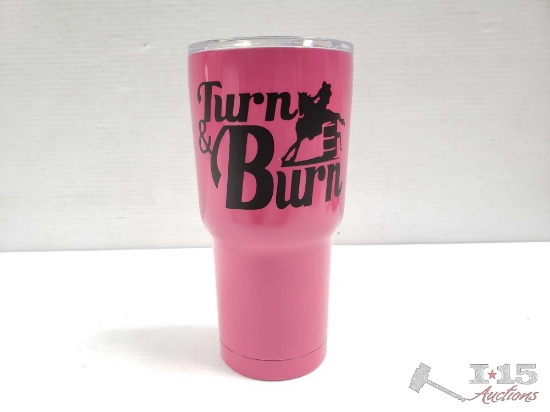 Pink Stainless Steel 30oz Tumbler with Black Turn N Burn Barrel Racer Decal