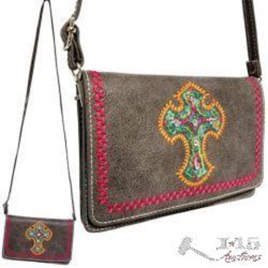Gray PU leather embroidered cross crossbody bag