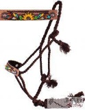 Woven brown mule tape halter with hand painted feather, sunflower and cactus noseband