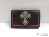 Black PU leather embroidered cross crossbody bag.