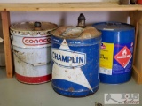 Three 5 Gallon Oil Cans Conoco, Champlin, And VP Racing