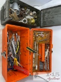 One tool box full of miscellaneous tools and one ammo can full of miscellaneous hardware