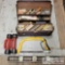Hand Saw, Tackle Box. Two Five Pound Weights, And A Level