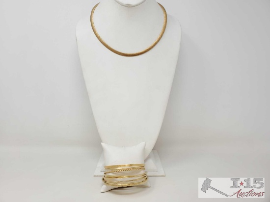 8 Sterling Silver Hoop Bracelets And Sterling Silver Necklace