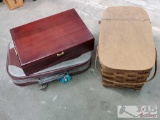 Vintage Picnic Basket, Suitcase, and Silverware Box