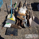 Mop, Brooms, Pitch Fork, Box Of Cotter Pins And More