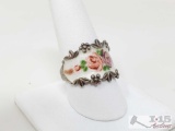 Sterling Silver Ring With Painted Roses