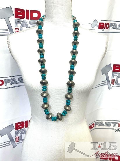 Vintage Native American Old Pawn Sterling Silver & Turquoise Beaded Necklace 38" Long